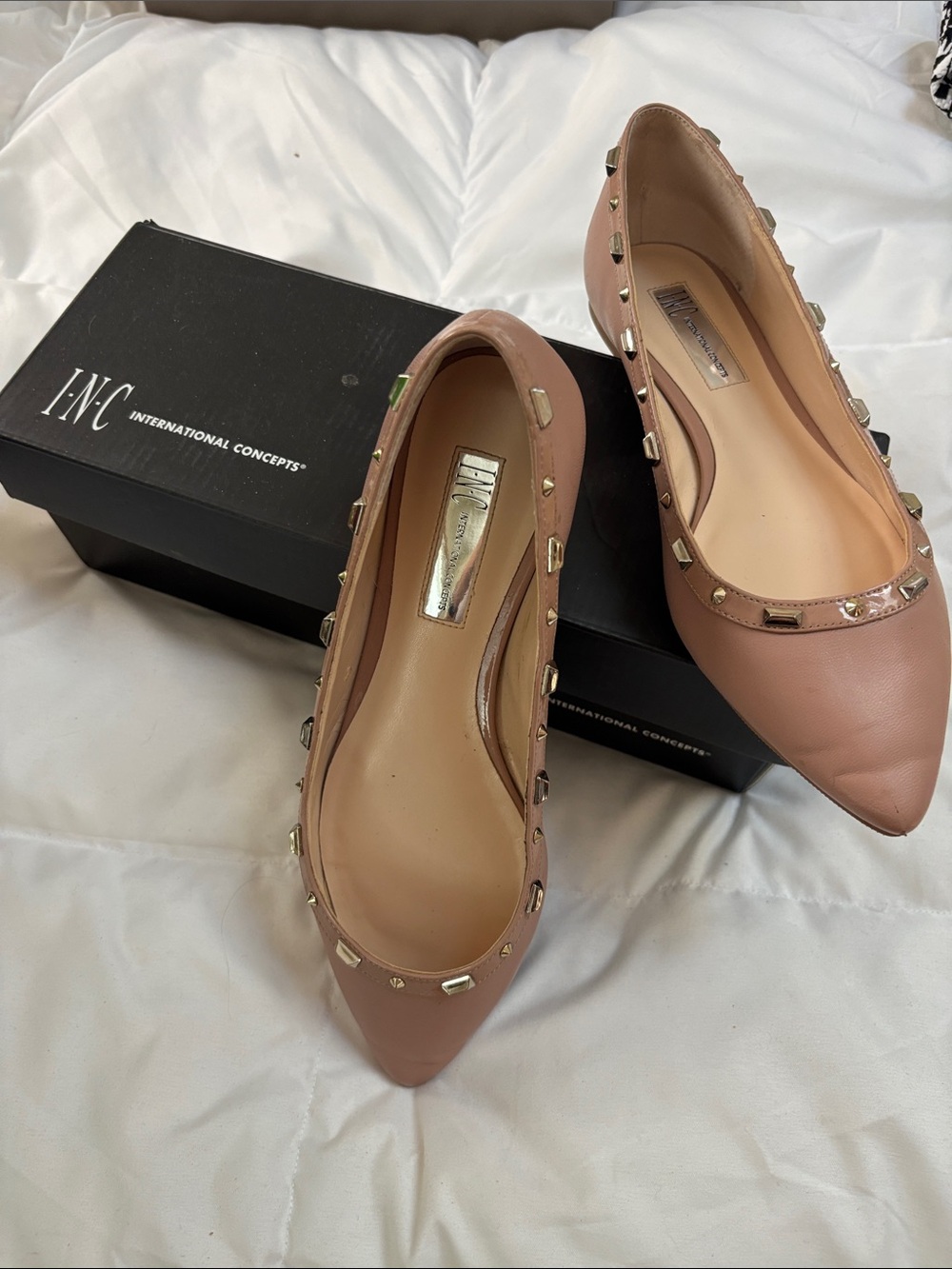 INC International Concepts Nude Pink Studded Pointed-Toe Flats